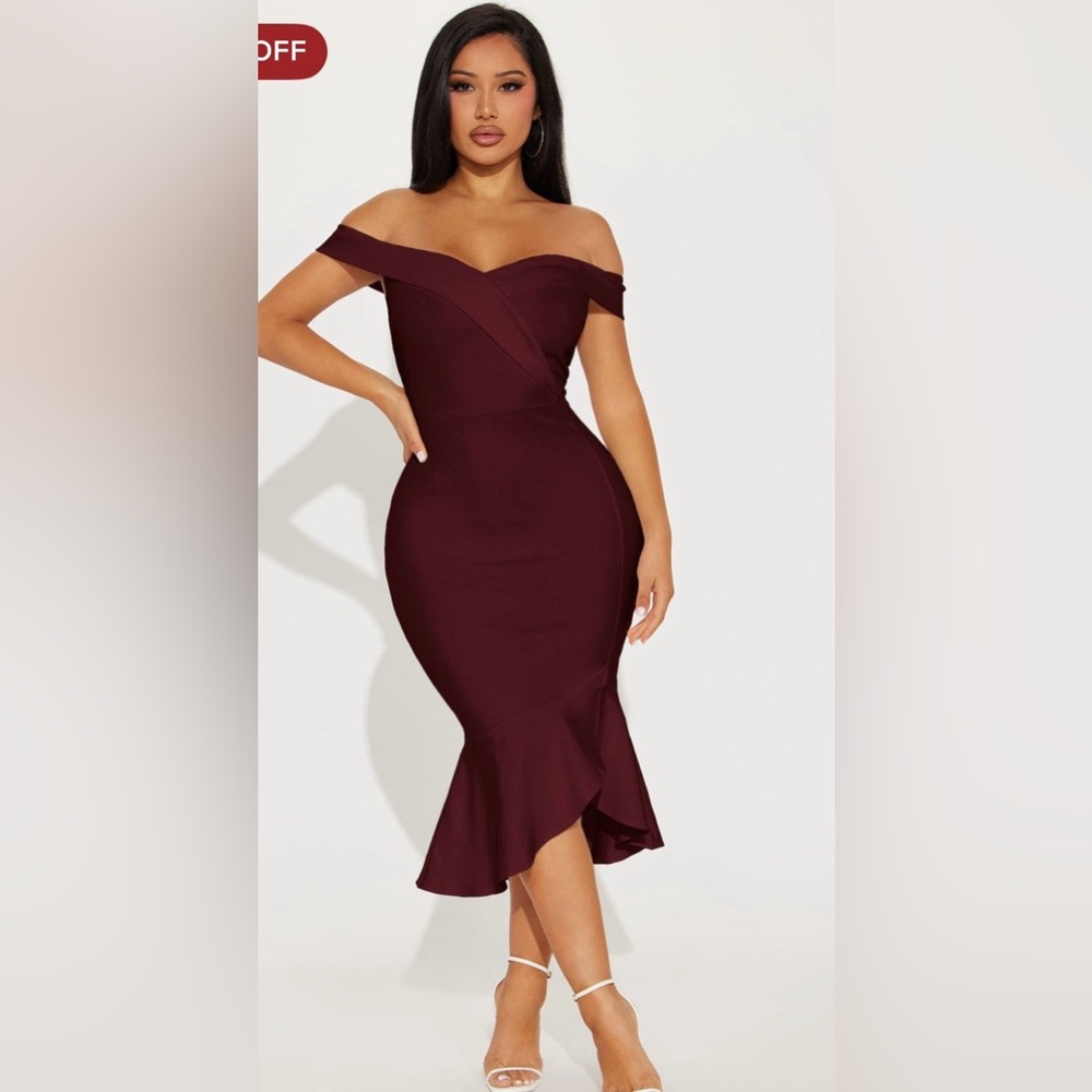Fashion Nova Eloise Off Shoulder Body Sculpting Midi Dress - Wine